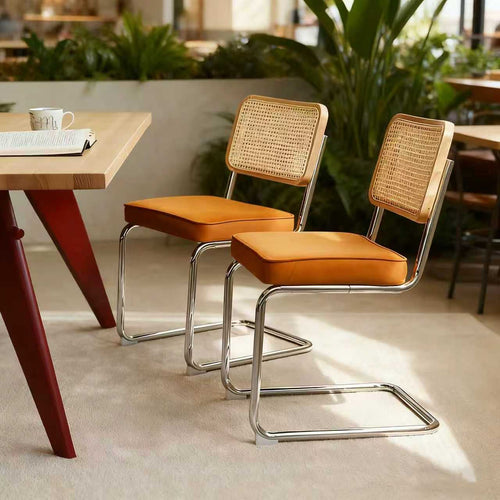 Set of 2 Velvet Rattan Dining Chairs with Chrome Legs