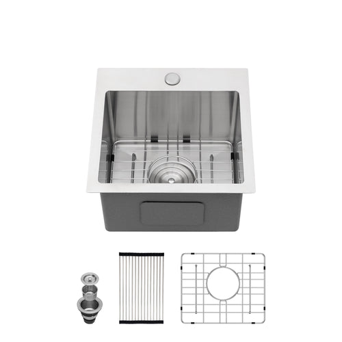Stainless Steel Drop-In Kitchen Sink 15" 16 Gauge Brushed Nickel