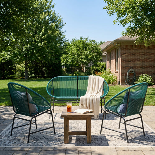3-Piece Wicker Patio Chat Set Teal PE Rattan Iron Frame