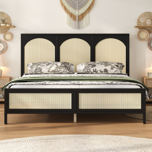 Queen Size Wood Platform Bed Rattan Headboard Footboard Black Beige
