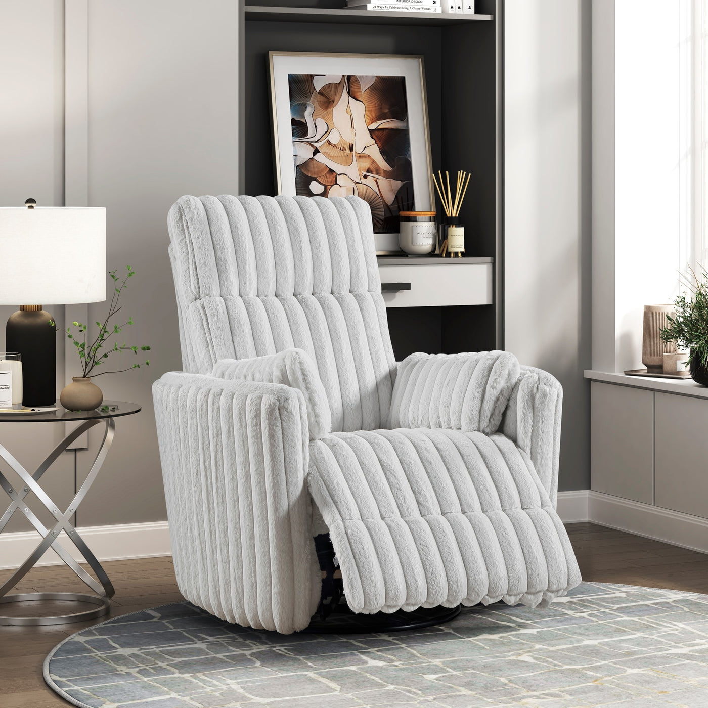 Gray Corduroy Swivel Glider Recliner with Pillows