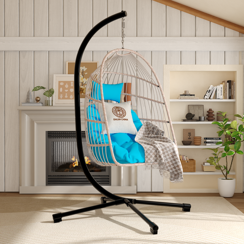 Foldable Rattan Hanging Egg Chair with Stand 350 lbs