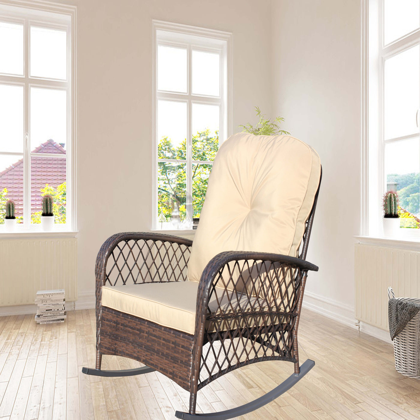 Outdoor Wicker Rocking Chair with Cushion, Steel Frame
