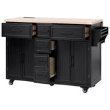 K&K 56.5'' Kitchen Island with Drop Leaf, Power Outlet, Embossed Vertical Stripe