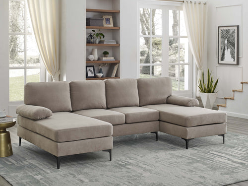 Sectional Sofa U-Shape Polyester Blend Khaki 4-Seat Double Chaise 106x56 In