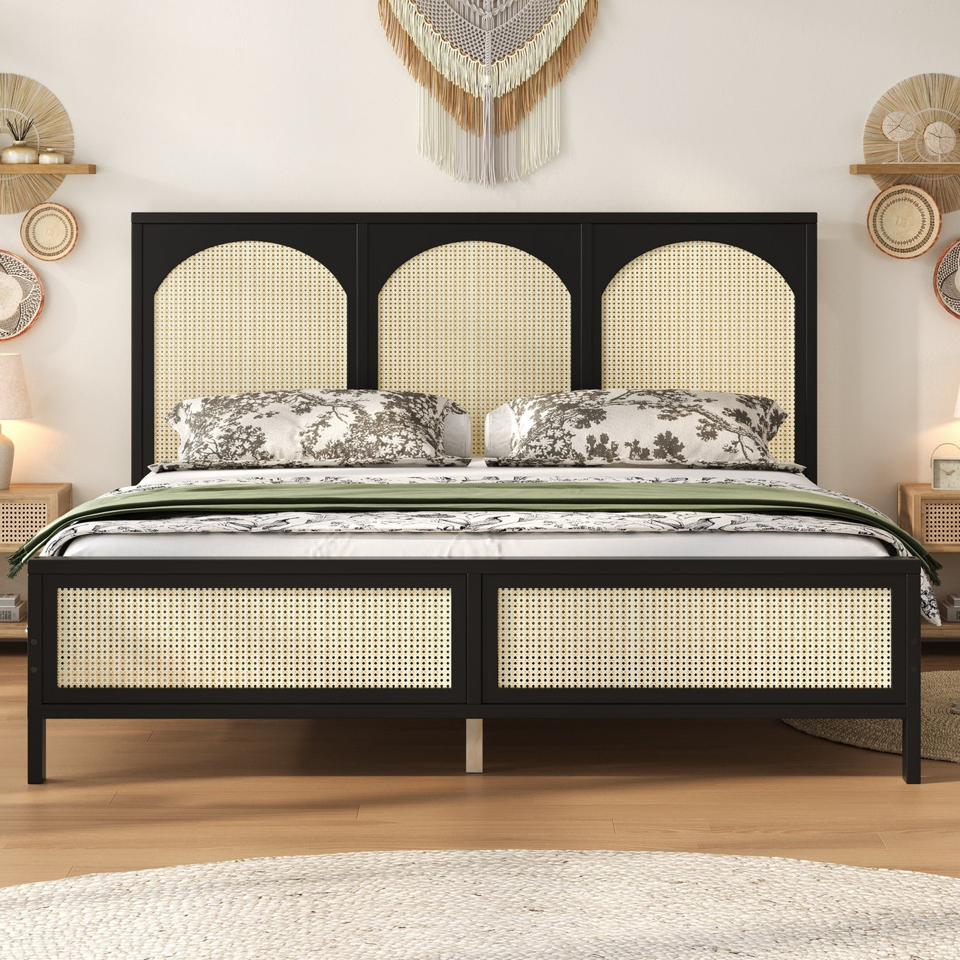 King Size Wood Platform Bed Rattan Headboard Footboard