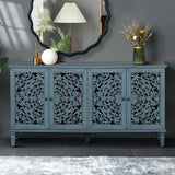 60" Antique Blue Buffet Cabinet Solid Wood Floral Carvings