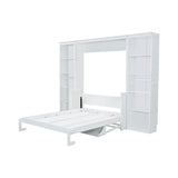 White Queen Size Murphy Bed with Desk and Bookshelf, Pine Wood + MDF, 116.9''L x 84.6''W x 86.8''H