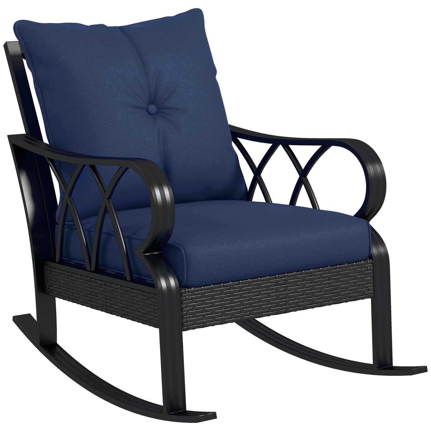 Outdoor Wicker Rocking Chair with Padded Cushions Navy Blue