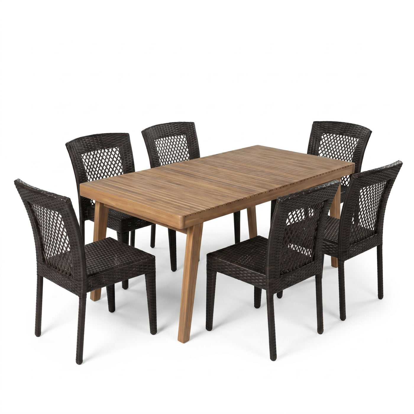 7-Piece Outdoor Patio Dining Set with 69' Acacia Wood Table & 6 PE Rattan Chairs in Brown Multi