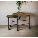 Nesting Table Set of 2 - Wood & Metal - Vintage Oak - 23" & 16" Round