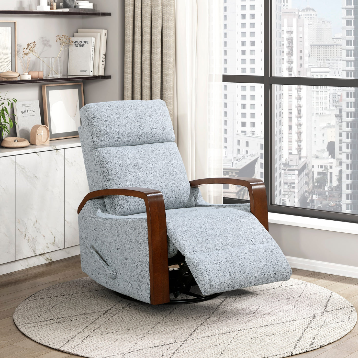Gray Boucle Swivel Glider Recliner Chair with Wood Arms