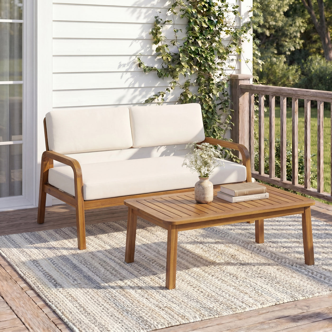 2-Pieces Outdoor Sofa Set with Cushions Outdoor Loveseat & Coffee Table Set,Teak