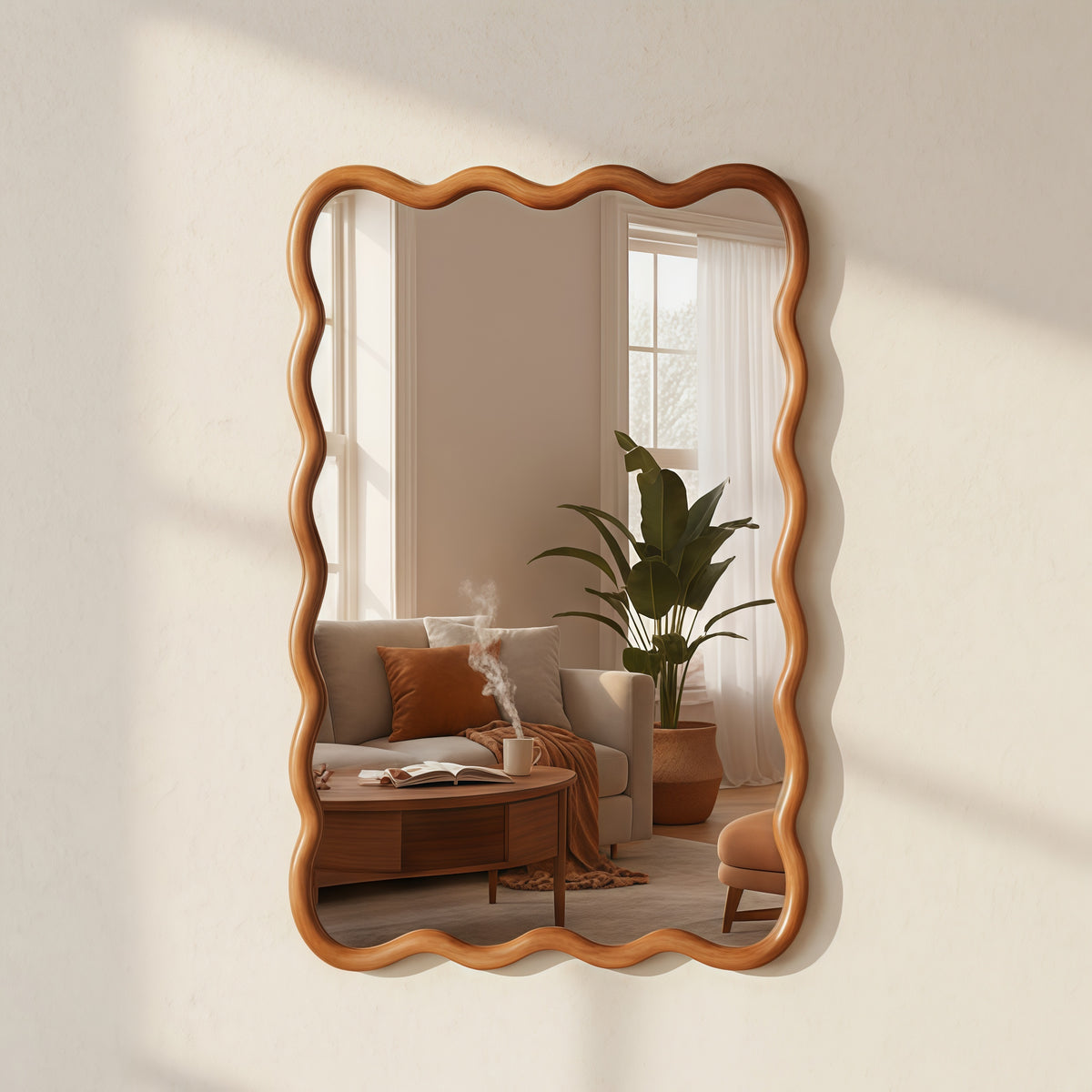 Yellowish Brown 24'x36' Wavy Rectangle Solid Wood Frame Decorative Mirror,For Be
