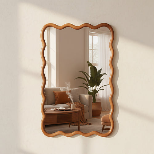 Yellowish Brown 24'x36' Wavy Rectangle Solid Wood Frame Decorative Mirror,For Be
