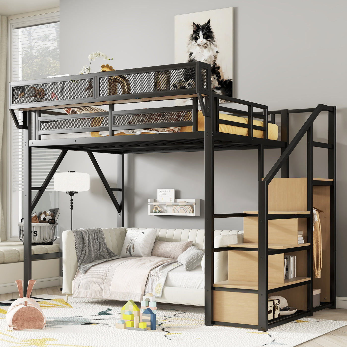 Full Size Metal Loft Bed with Stairs and Storage Shelves