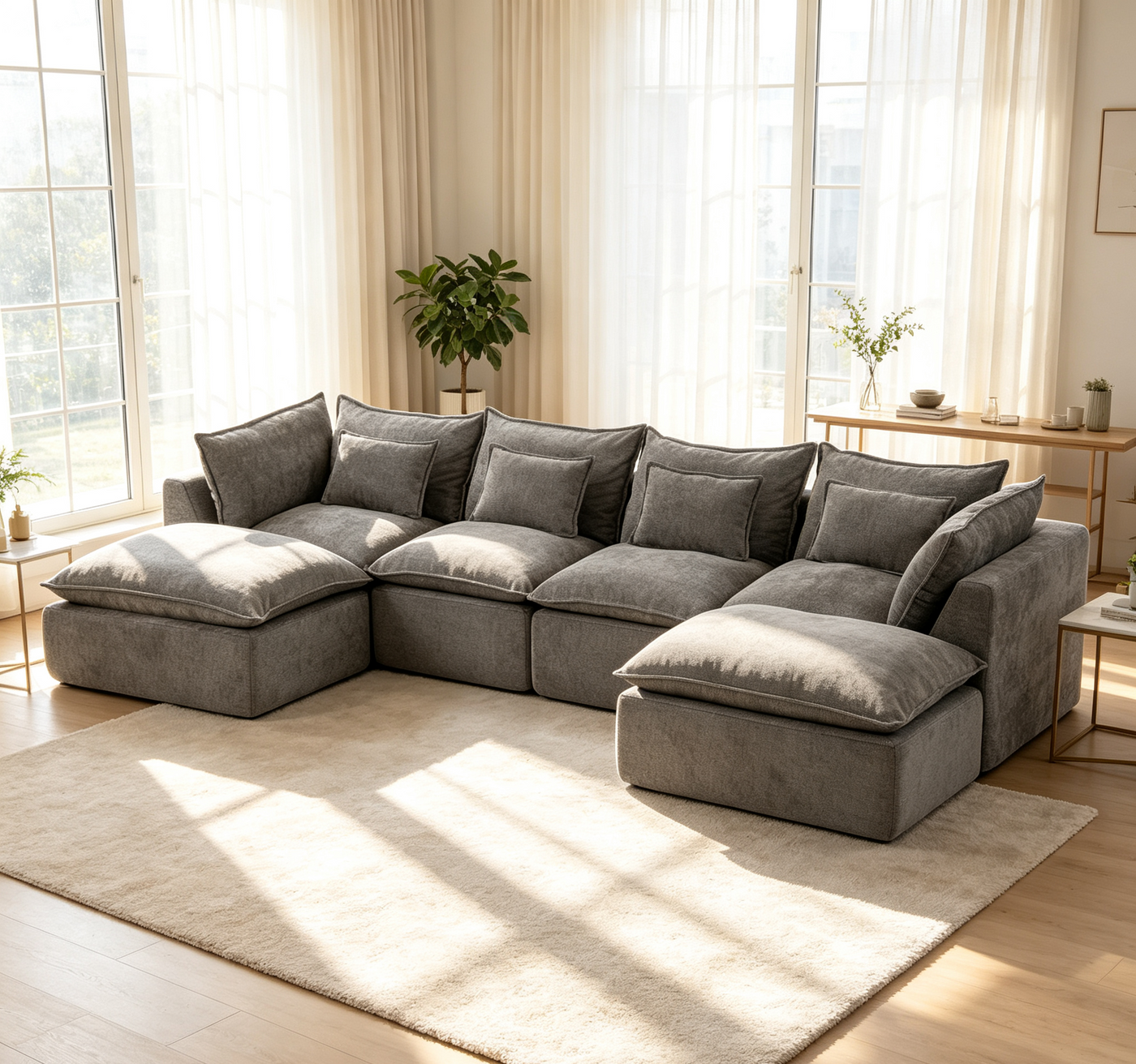 129.8" Oversized Modular Sectional Sofa 4-Seat with Ottomans Waffle Fabric
