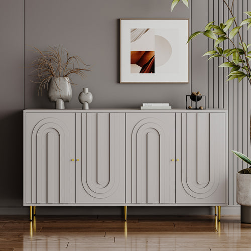 Modern Gray Lacquered 4 Door Wooden Cabinet Sideboard
