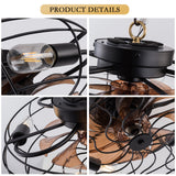 19-inch black wrought-iron cage-style ceiling fan light, featuring remote