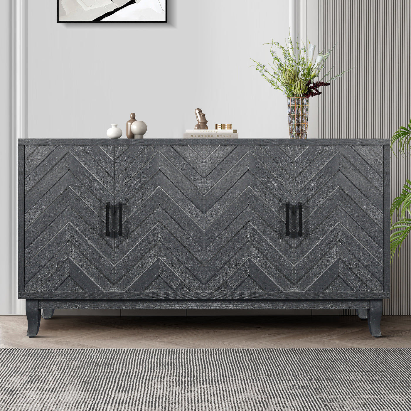 Vintage Taupe Grey 4 Door Wooden Sideboard Buffet Cabinet