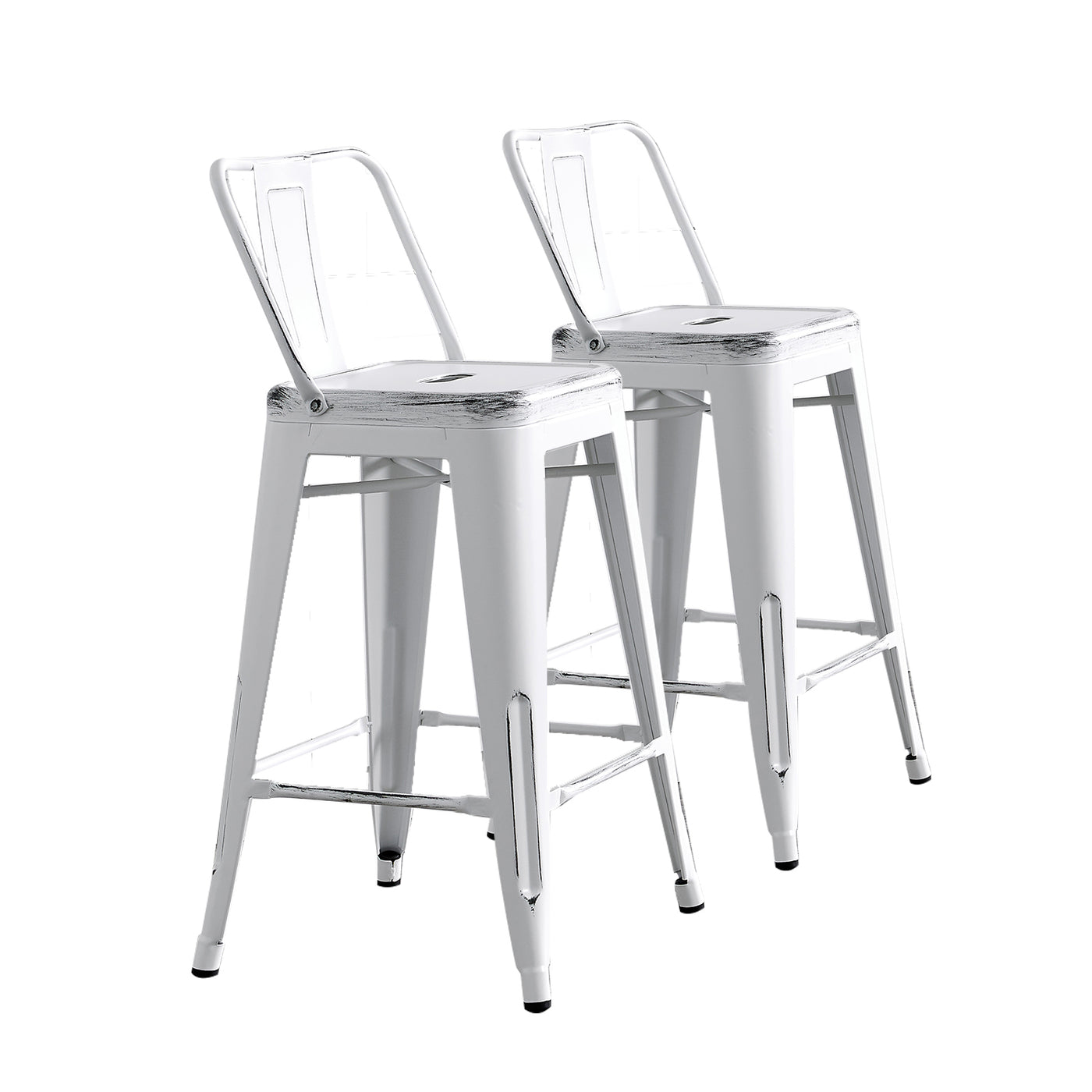 Set of 2 Industrial Metal Bar Stools 24" Seat Distressed White