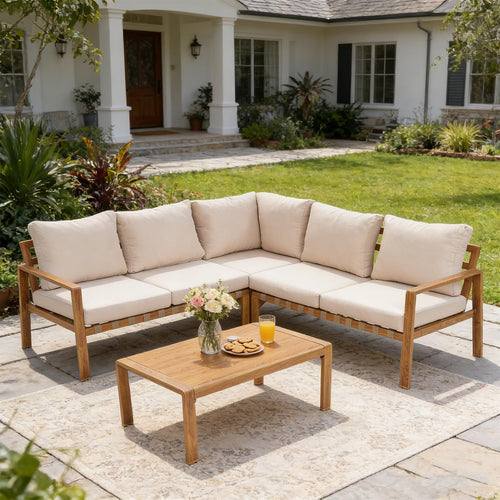 Outdoor Sectional Set Aluminum Woodgrain Yellow Gray L-Shape 4 Pc