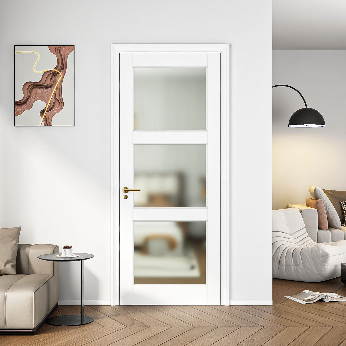 32" X 80" 3-Lite Frosted Glass Interior French Door Slab White