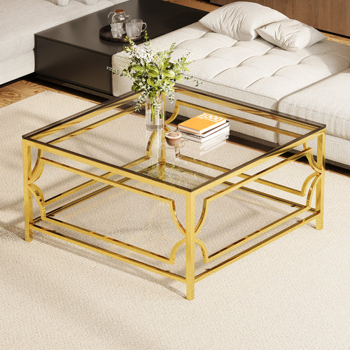 Square Glass Coffee Table 33.5" Gold Metal Frame Lower Shelf