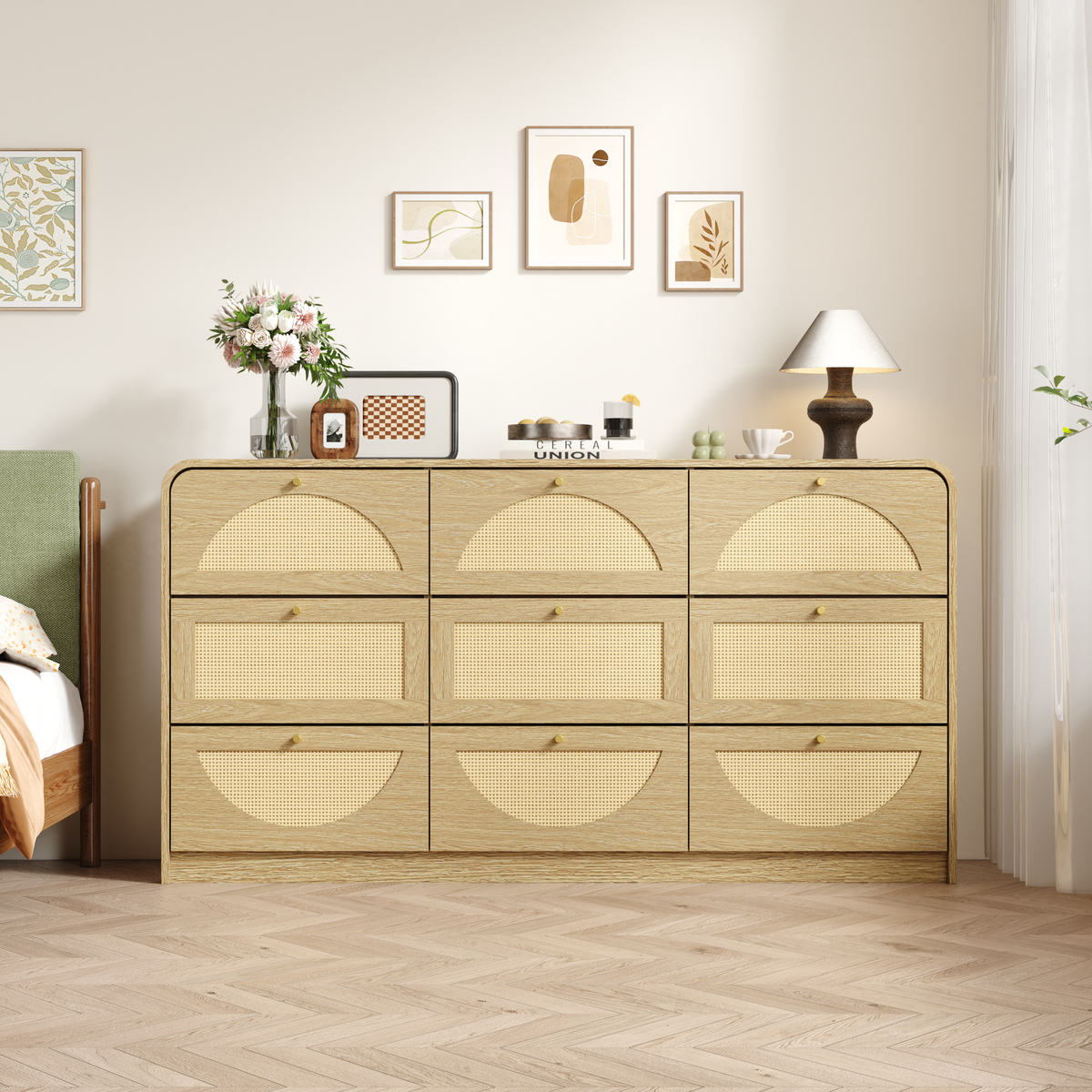 Natural Finish 9‑Drawer Dresser with Rattan Front