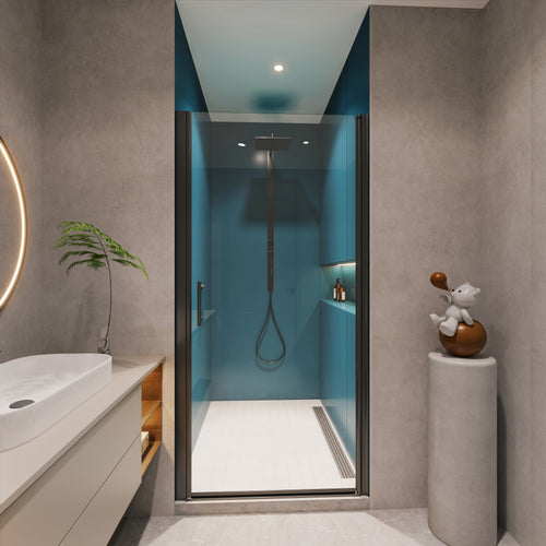 Universal Pivot Shower Door 24x72 Inch Matte Black 1/4' Tempered Glass Outswing