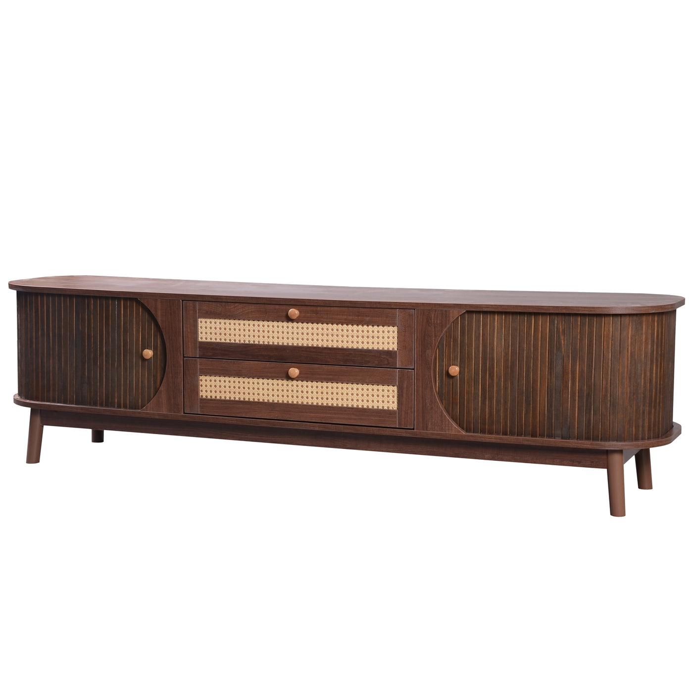 Modern Farmhouse Rattan TV Stand up to 75" Natural Wood Legs
