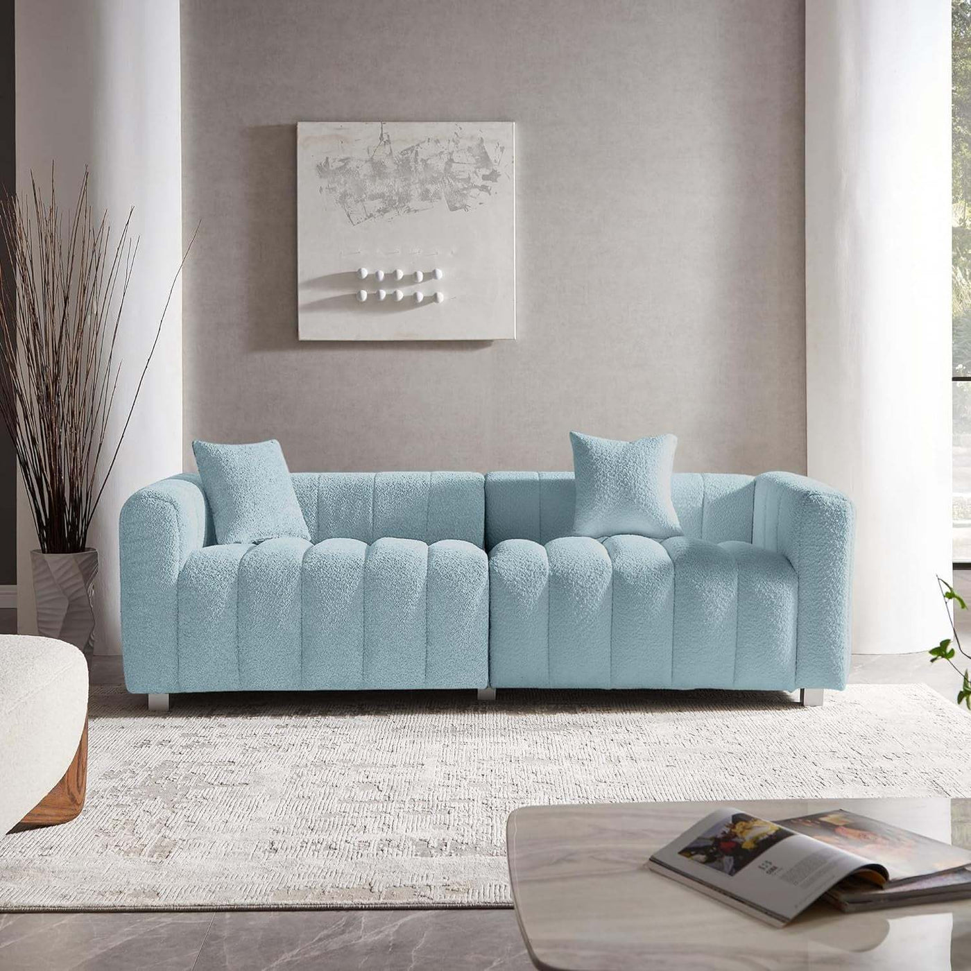 Sofa Modular Velvet Teddy Blue 3 Seat Metal Legs 87 In 750 LB