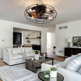 19-inch black wrought-iron cage-style ceiling fan light, featuring remote