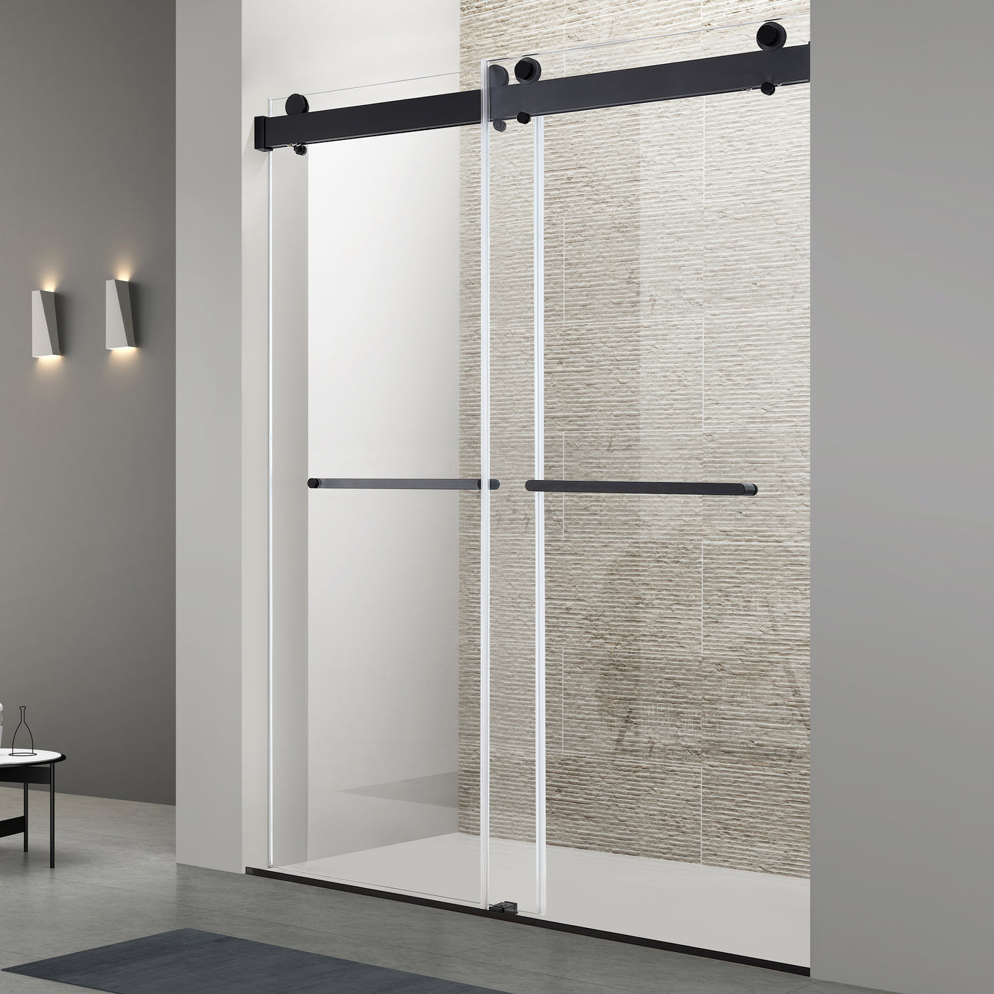 Double Sliding Shower Door 48"x76" Matte Black Tempered Glass