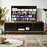 TV Stand Mid-Century Black MDF Slatted Grille Doors 4-Shelf Fits 60 In TV