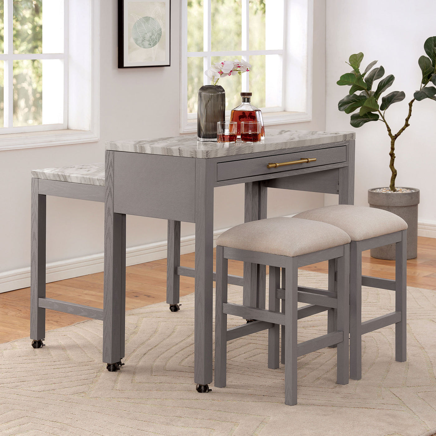 Counter Height Dining Set w/ Storage Drawer Faux Marble 2 Stools