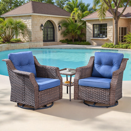 Outdoor Patio Wicker Swivel Rocker 3 Piece Set Blue
