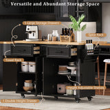 K&K 56.5'' Kitchen Island with Drop Leaf, Power Outlet, Embossed Vertical Stripe
