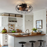19-inch black wrought-iron cage-style ceiling fan light, featuring remote