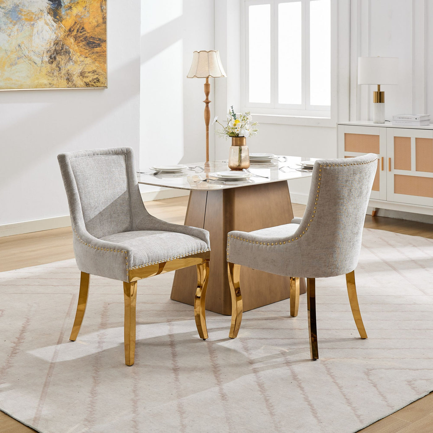 Chenille Dining Chairs, Modern Style with Curved Gold - Plated Legs & Rivet