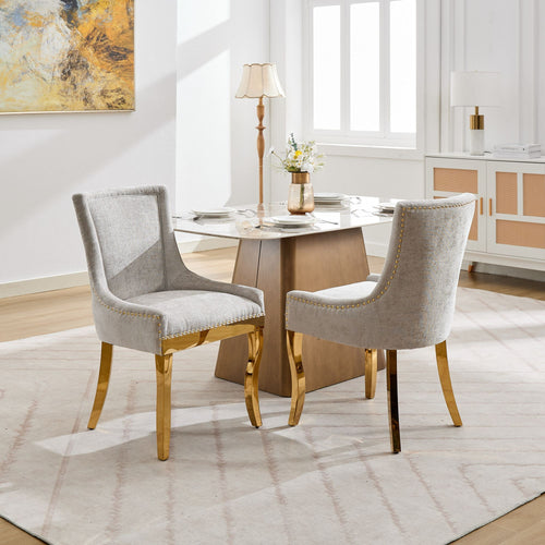 Chenille Dining Chairs, Modern Style with Curved Gold - Plated Legs & Rivet