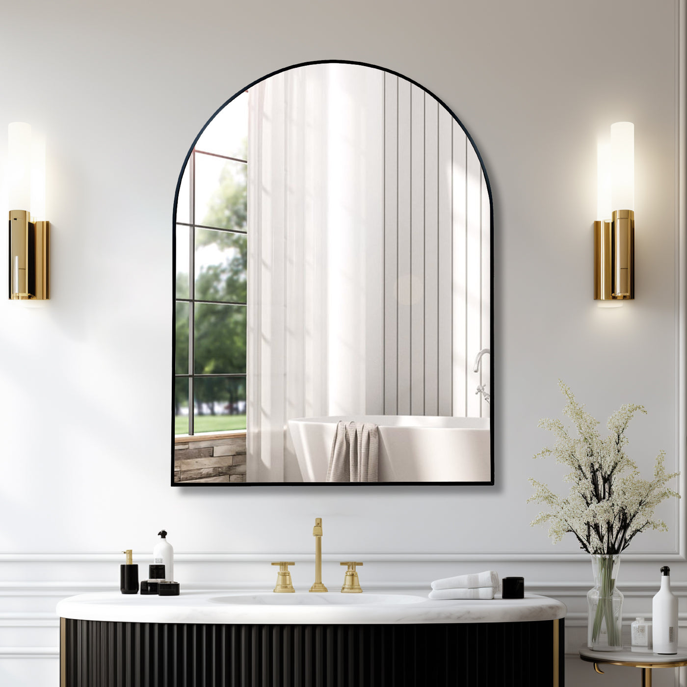 30x40 Black Metal Arched Bathroom Wall Mirror
