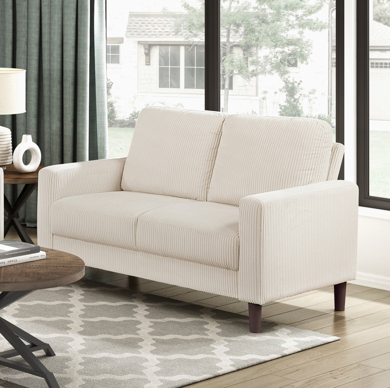 Beige Corduroy Upholstered Loveseat with Solid Wood Frame