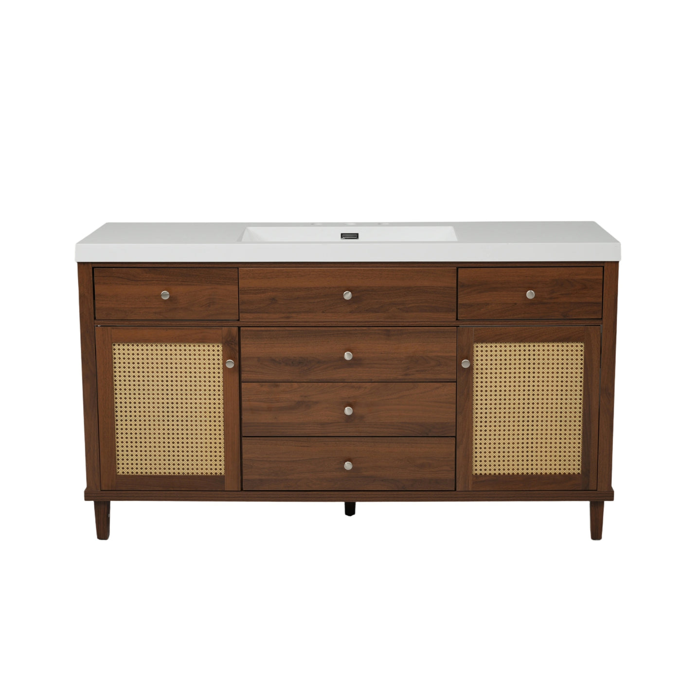 Modern 60' Bathroom Vanity with SMC Sink, Brown Solid Wood+MDF Cabinet, Rattan Doors, Soft Close Drawers, Silver Knobs, 5 Pine Legs