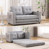 Sofa Bed Futon Tufted 3-in-1 Light Gray Pull-Out Sleeper Side Pockets 55 In