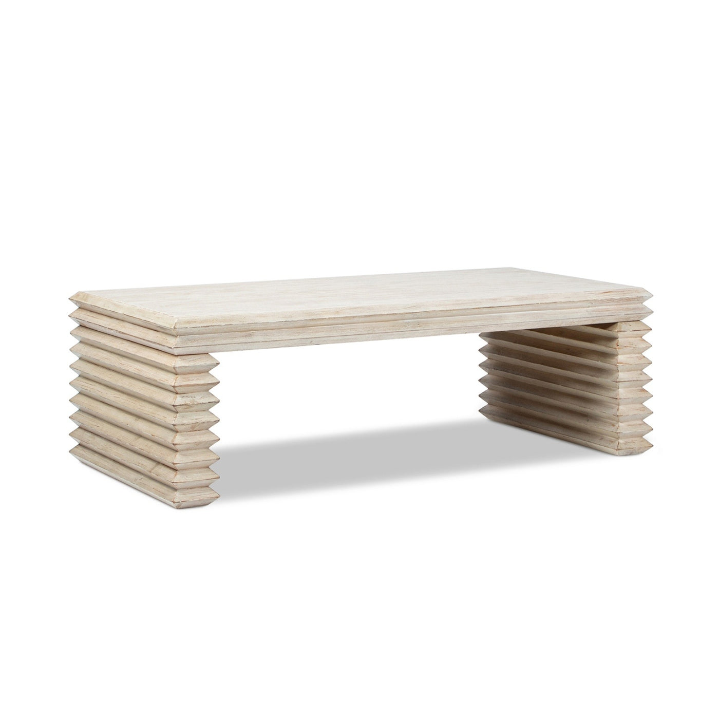 Veda 55' Reclaimed Wood Stacked Geometric Waterfall Coffee Table in Whitewashed