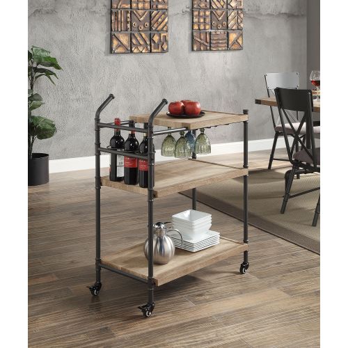 Serving Cart - 3-Tier - Oak and Sandy Black Finish - With Wheels