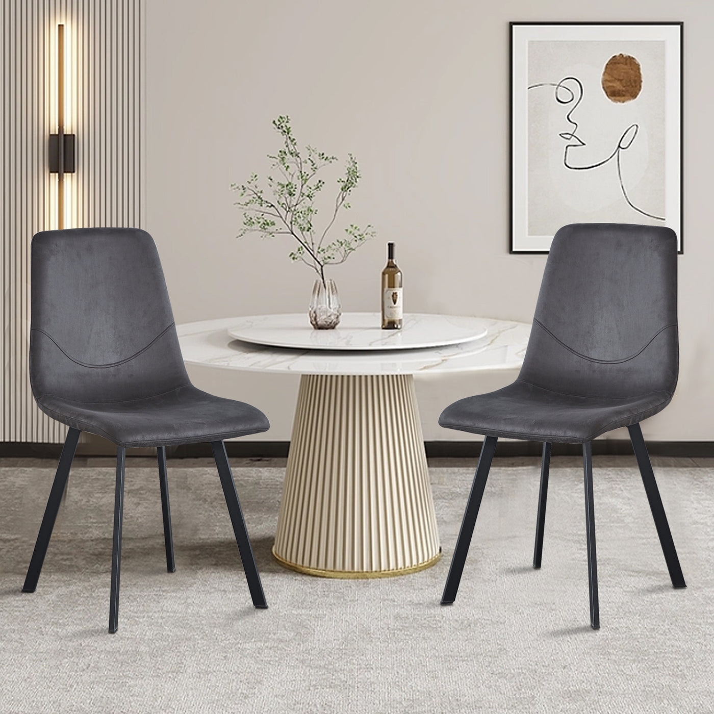 Dining Chair Mid-Century Modern Velvet Gray Metal Legs Set of 2