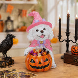 Halloween White Teddy Puppy Figurine, Witch Dog Holding Pumpkin Candy Bowl Decor