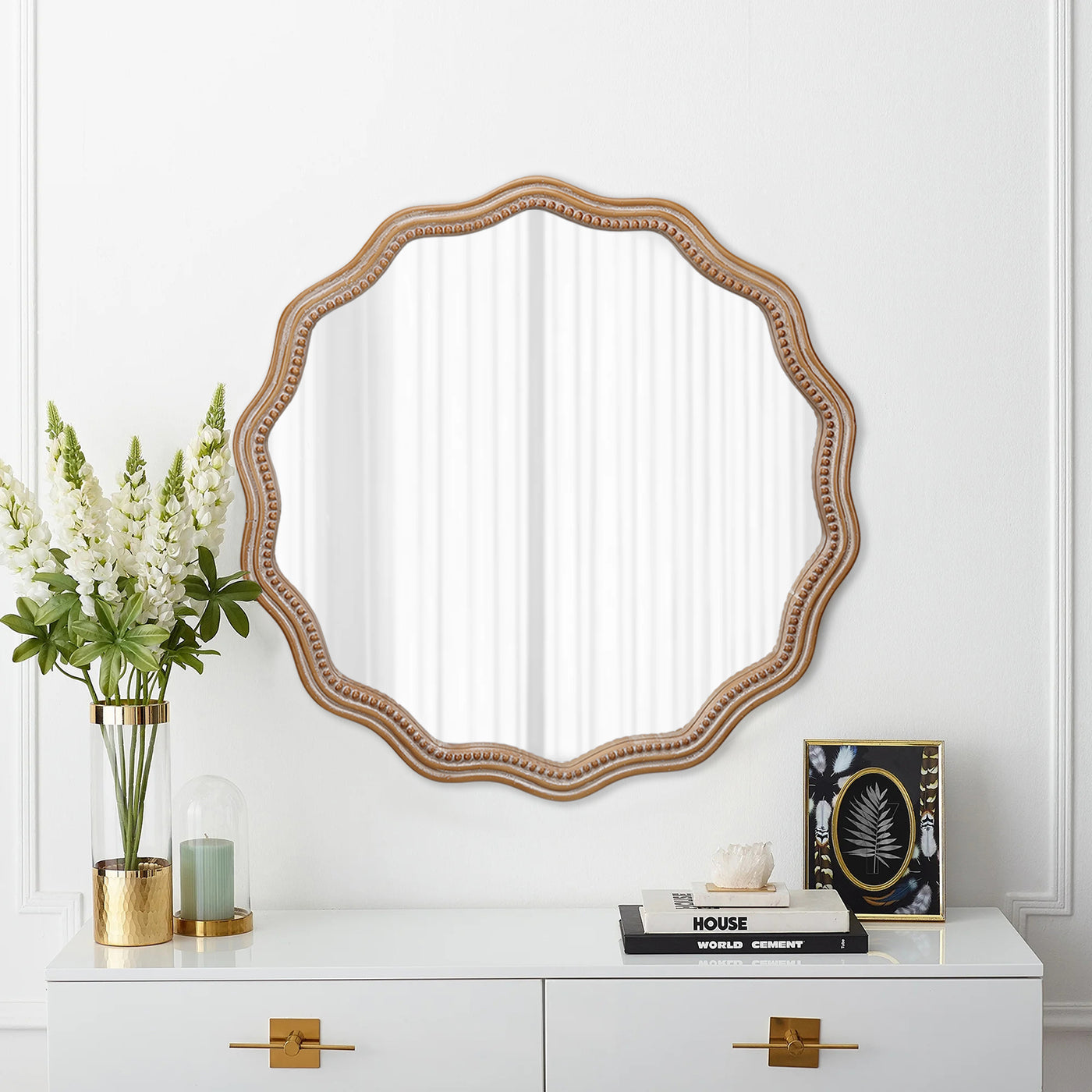 23.62" Round Wood Wavy Scalloped Farmhouse Wall Mirror